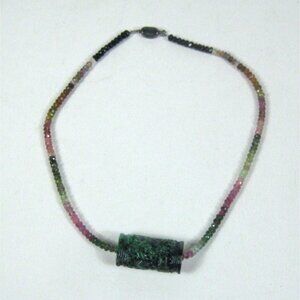 Tourmaline Faceted Bead Necklace Carved Jade Pendant Sterling Silver Clasp 18 In